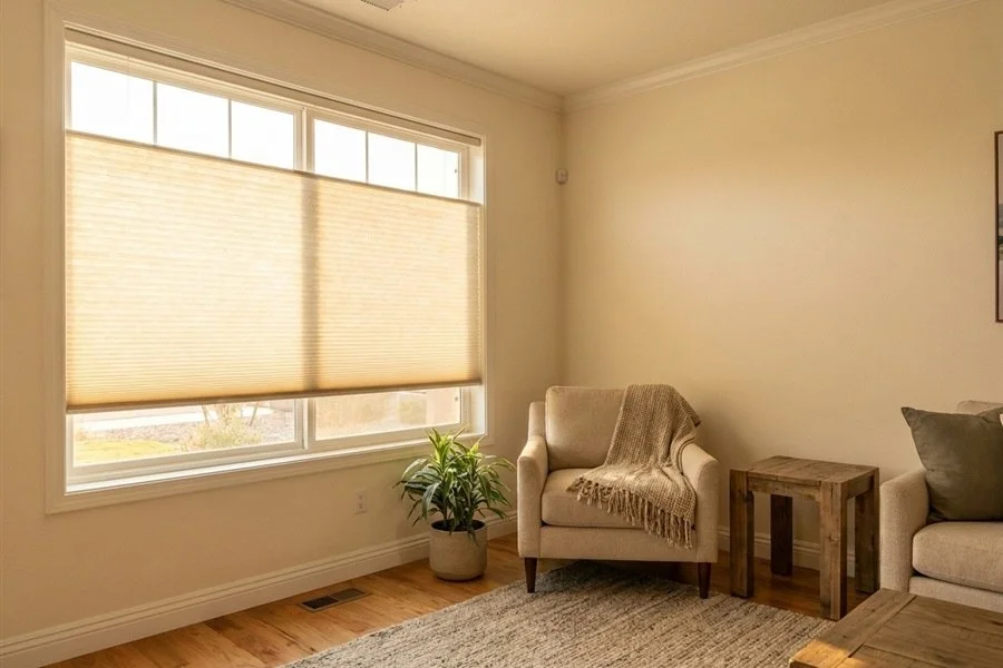 Cellular honeycomb shades on a bright living room window
